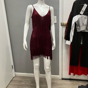 Women's Fringe Slip Mini Dress in Burgundy